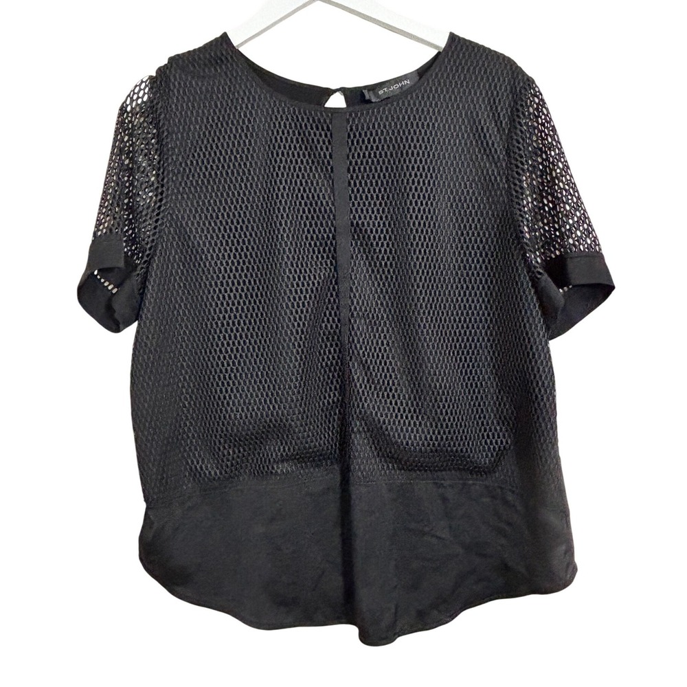 St John Black Mesh Overlay Sheer Short Sleeve Top Women's Size‎ L